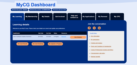 The MyCG dashboard showing a student's profile which opens at the MyLearning tab first